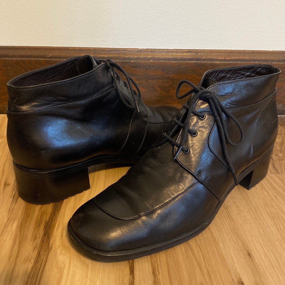 Bally Black Leather Lace Up Ankle Boots Block Heel Made in Italy FANAS-U 10 M